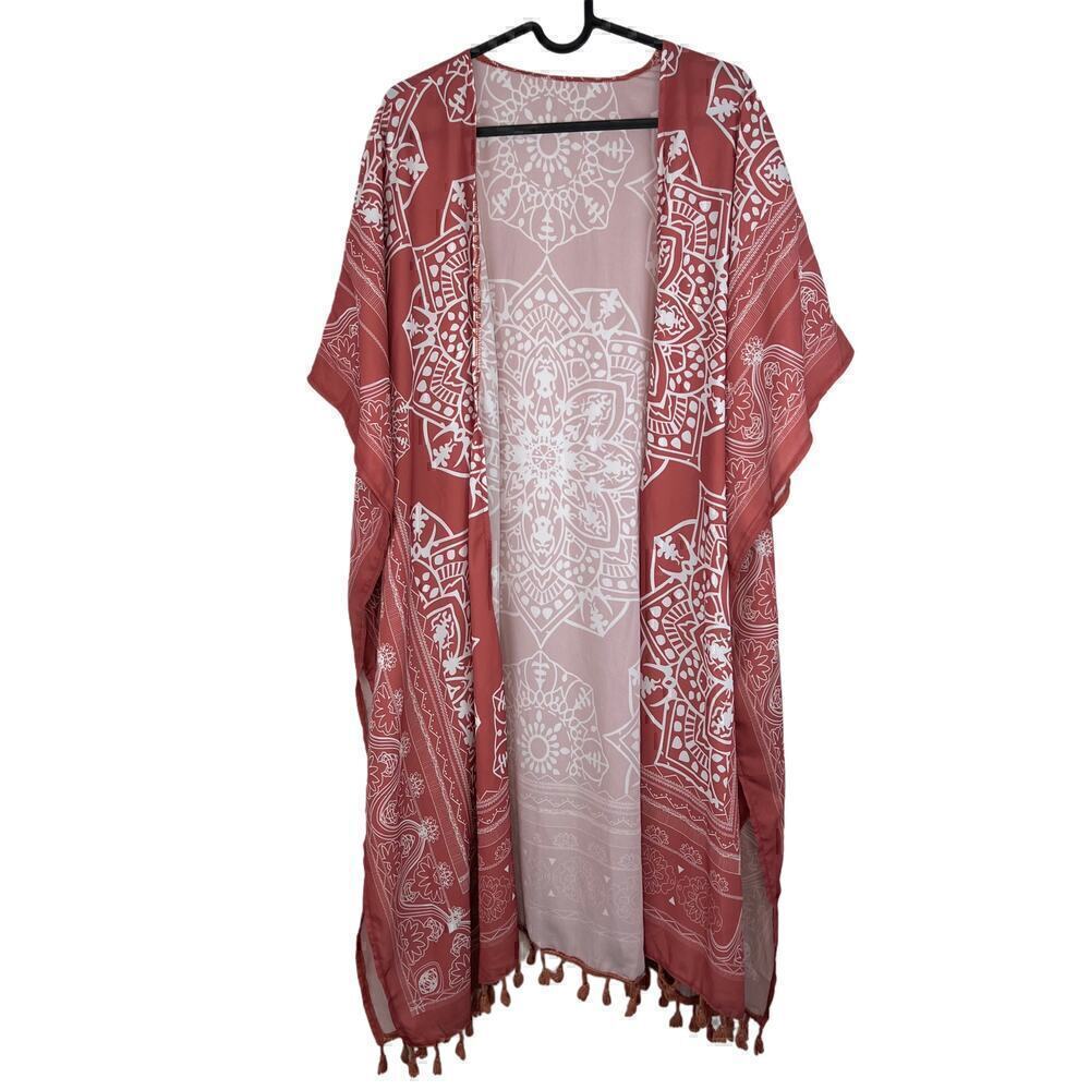 Dusty Rust Mauve / White Open Tassel Bohemian Western Kimono Coverup One Size